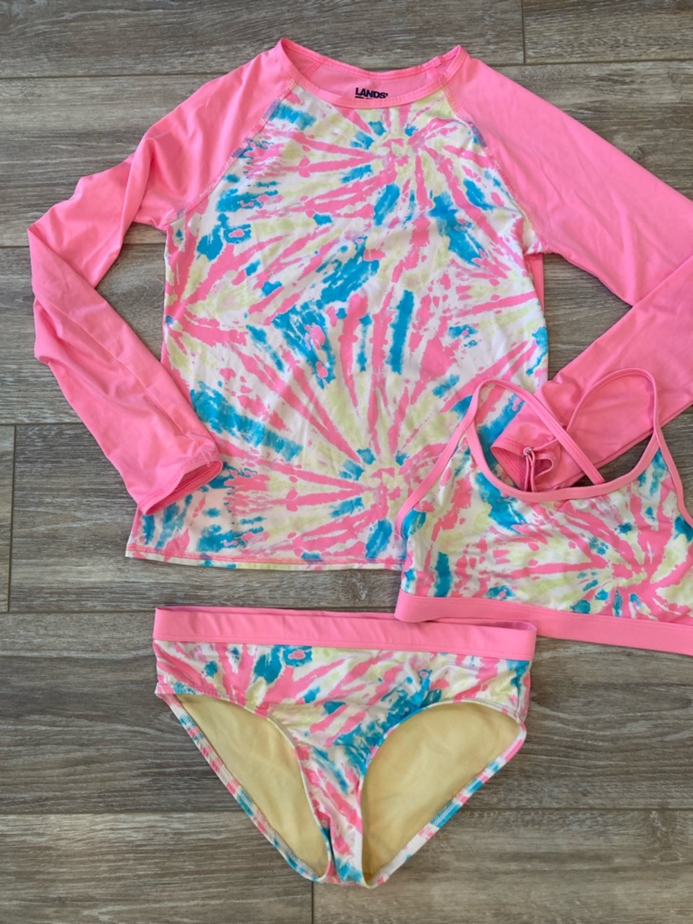 Lands' End Girls Pink Blue Yellow Tie-Dye 3-Piece Swim Set